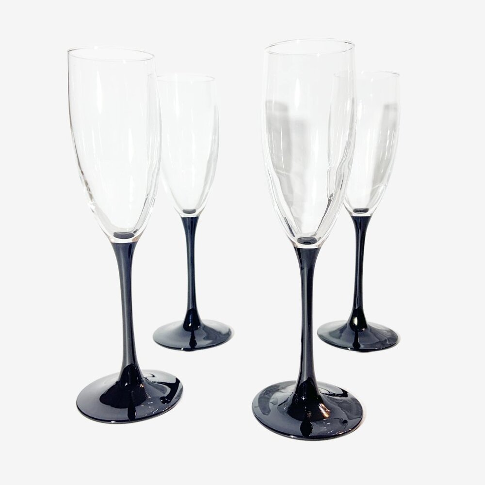 Vintage Set of 4 LUMINARC TALL BLACK STEM CHAMPAGNE FLUTES